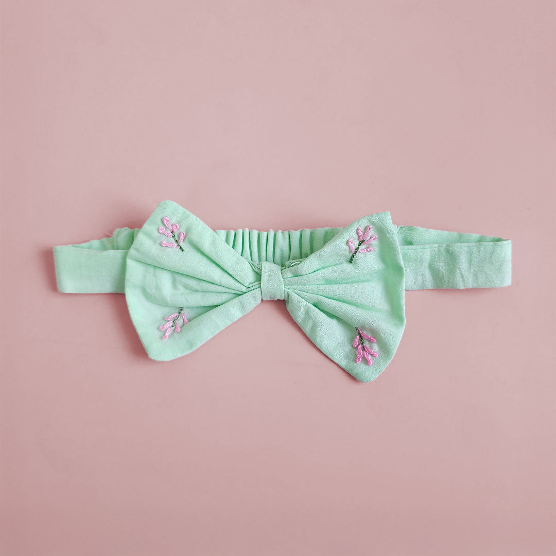 Keebee Organic Cotton Mint Green Embroidered Classic Bow Headband - Pink Petals