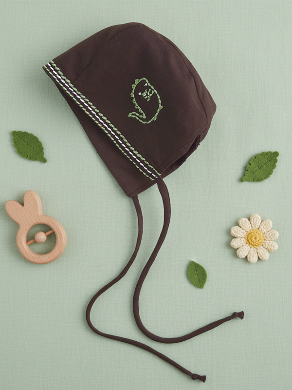 Choco Brown Embroidered Baby Bonnet - Little Dino