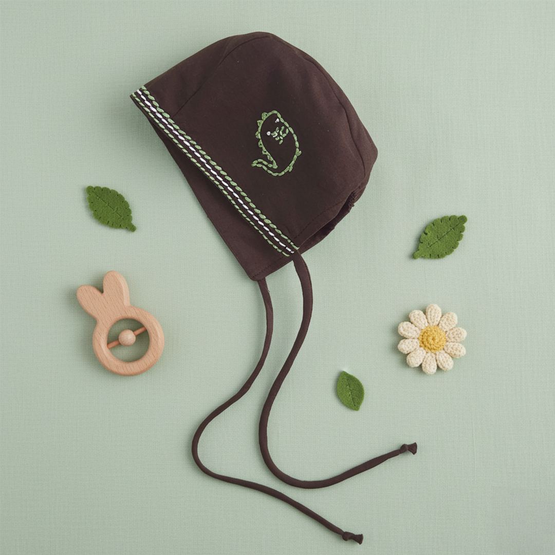Choco Brown Embroidered Baby Bonnet - Little Dino