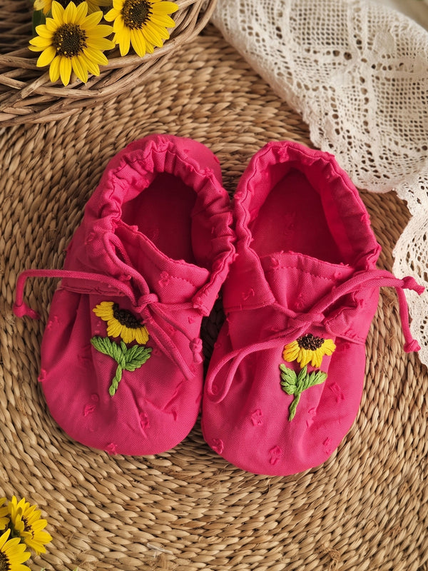 Baby Girl Embroidered Hot Pink Tie-Up Style Baby Booties – Sunflower
