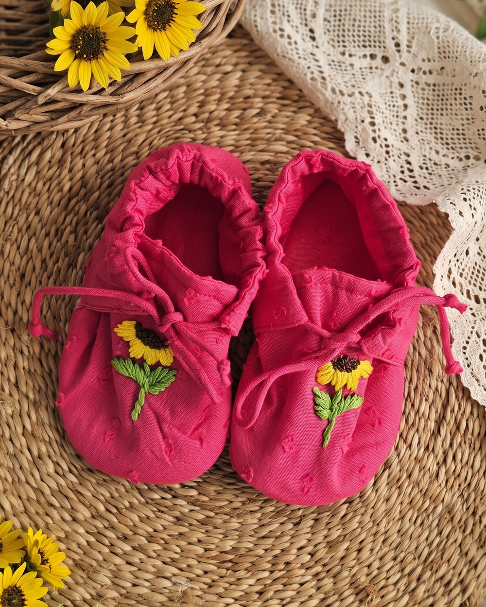 Baby Girl Embroidered Hot Pink Tie-Up Style Baby Booties – Sunflower