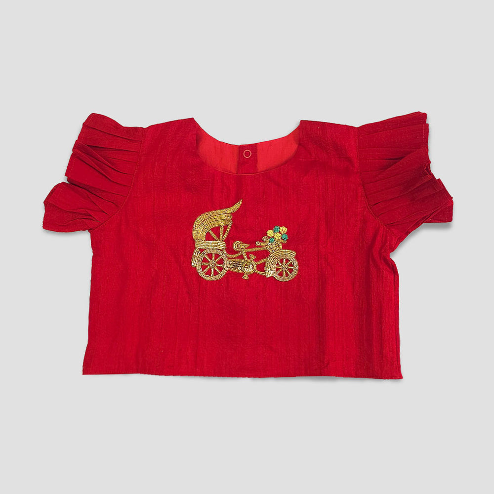 Girls Handloom Raw Silk Embroidered Red and Aqua Green Choli Lehenga Set - Golden Carriage