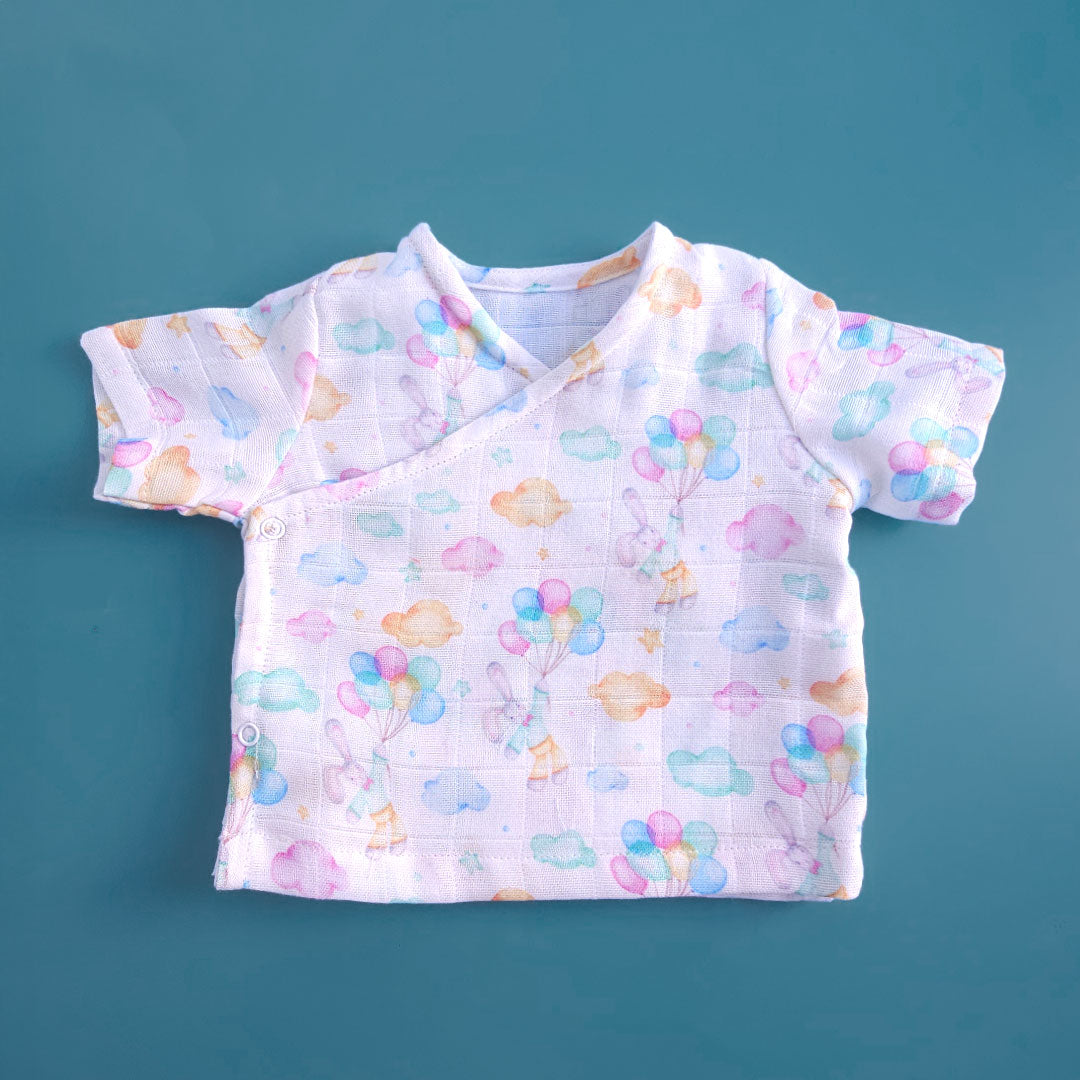 Keebee Organic Cotton Muslin Printed White Jabla, Diaper Pants and Accessories Set - Bunny with Balloons