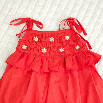 Smocked Red Shoulder Knot Smocked Dress