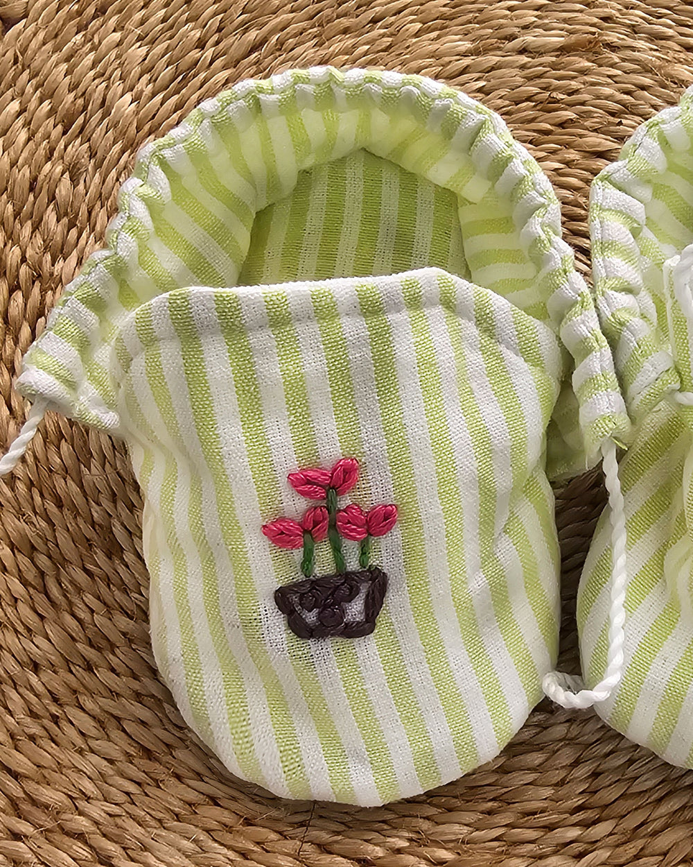 Baby Girl Embroidered Green and White Tie-Up Style Baby Booties – Pink Flower Pot