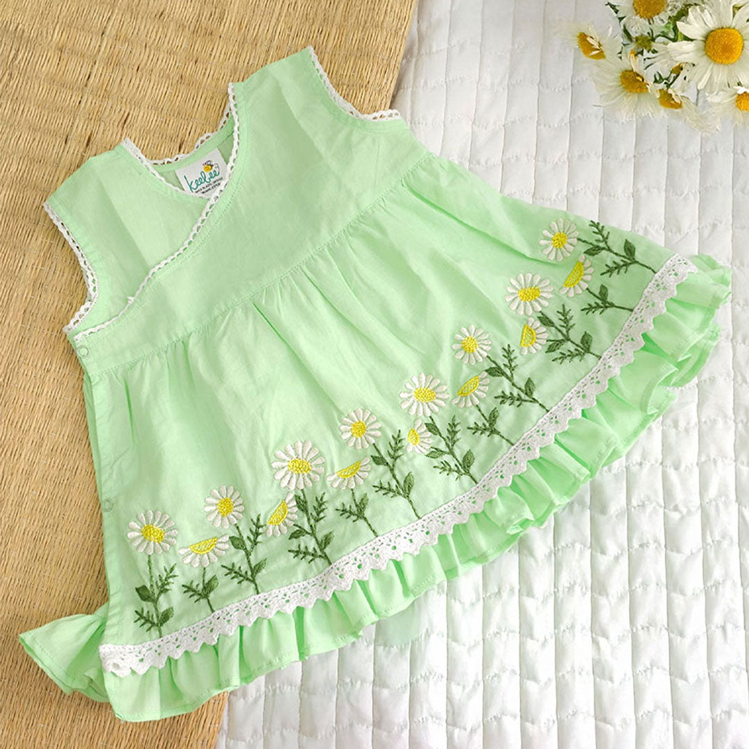 Keebee Organic Cotton Embroidered Baby Girl Mint Green Jabla/Wrap Style Dress - Daisy Field