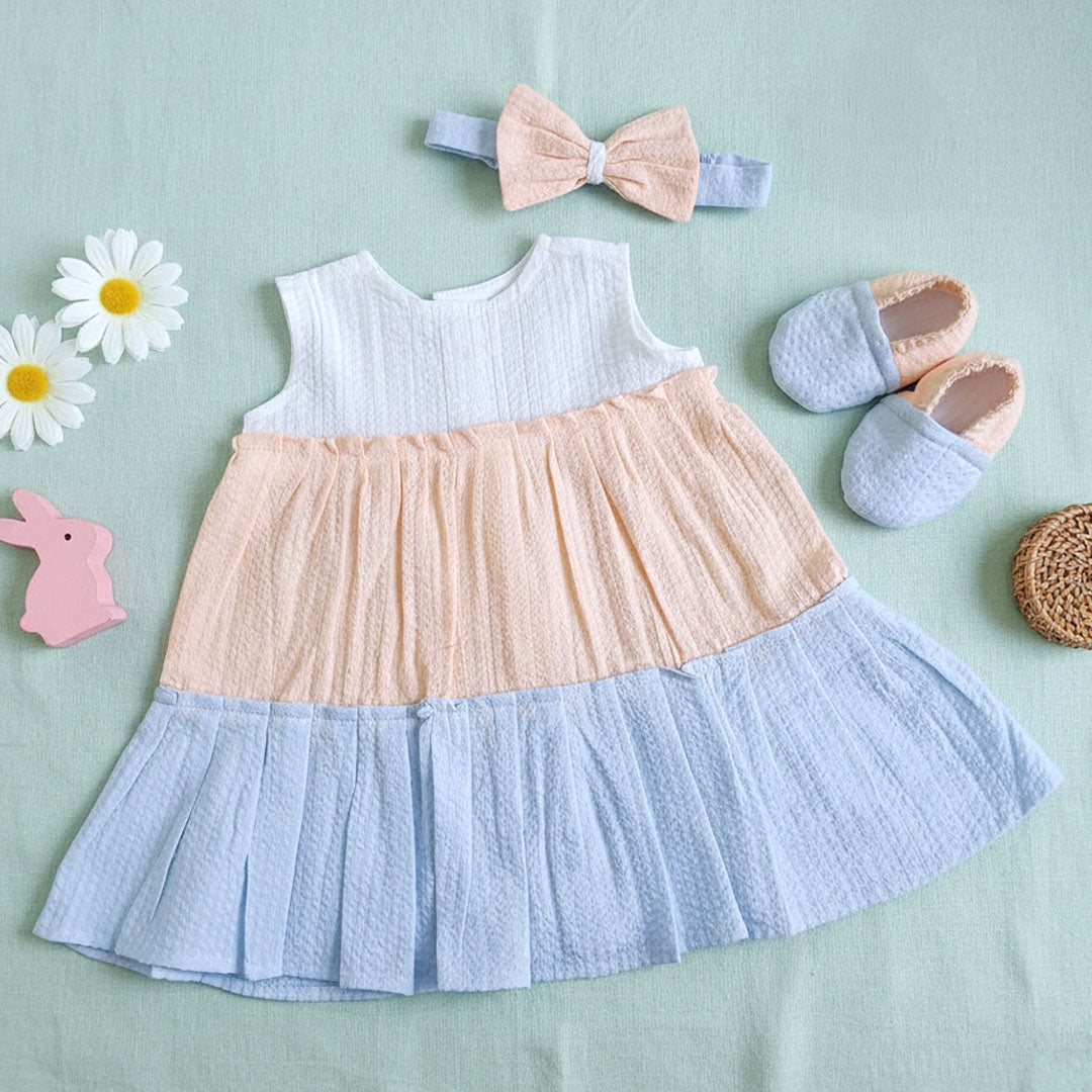 Keebee Organic Cotton Baby Girl Solid Tier Dress and Accessories Set - Multicolor