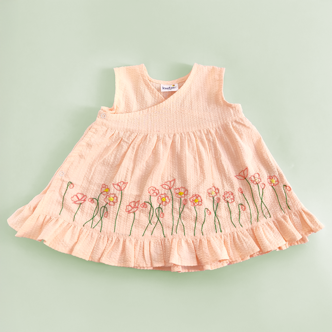 Keebee Organic Cotton Baby Girl Embroidered Sweet Peach Wrap Dress and Accessories Set -Poppy Field