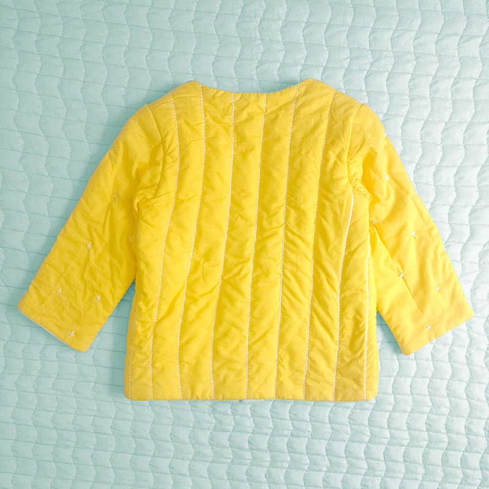 Embroidered Yellow Button Up Quilted Jacket - Starry Bright