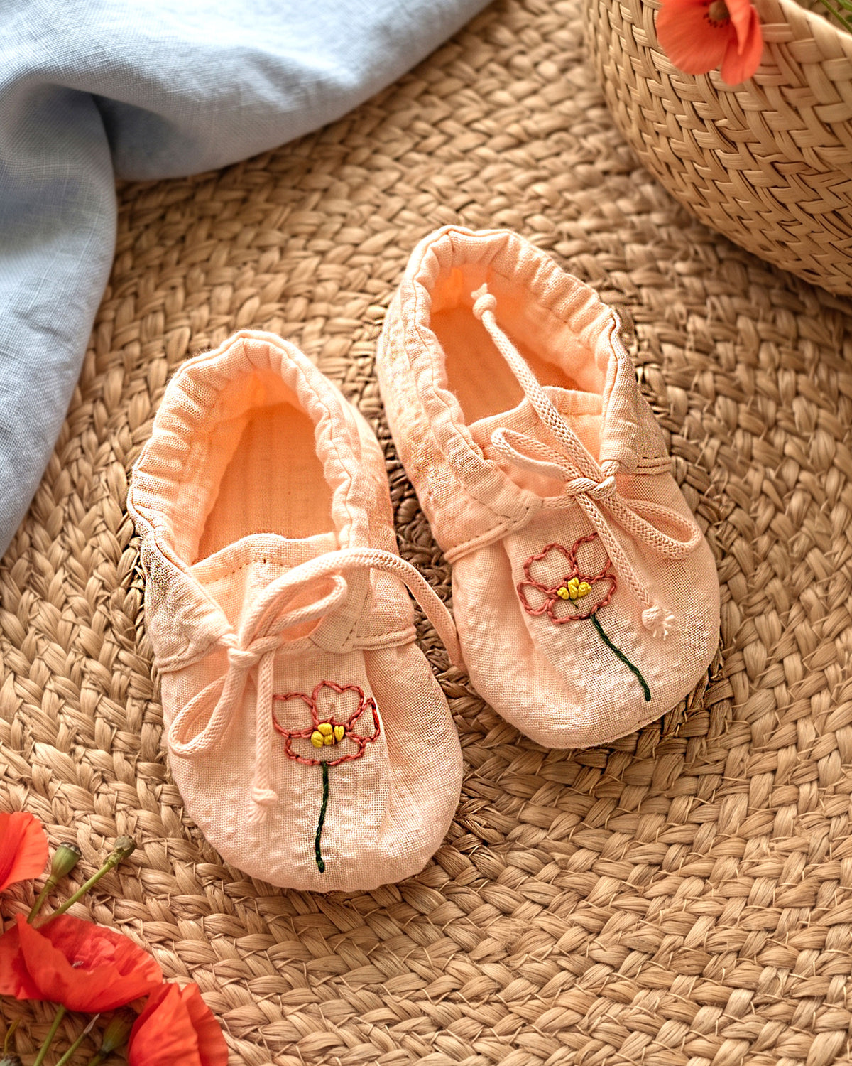 Baby Girl Embroidered Sweet Peach Tie-Up Style Baby Booties – Poppy Field