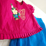 Girls Handloom Raw Silk Embroidered Pink and Royal Blue Choli Lehenga Set - Butterfly