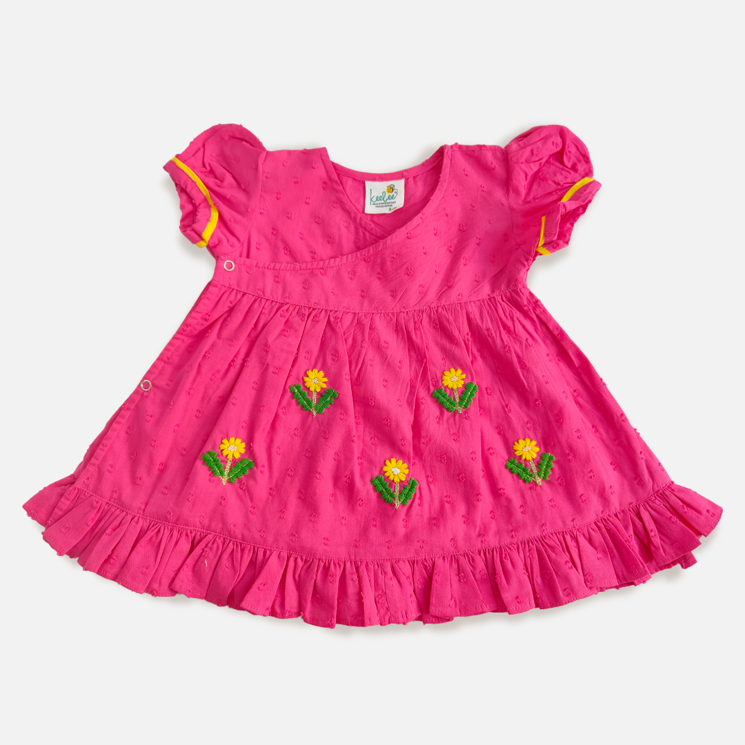 Keebee Organic Cotton Baby Girl Embroidered Hot Pink Wrap Dress and Accessories Set - Yellow Bloom