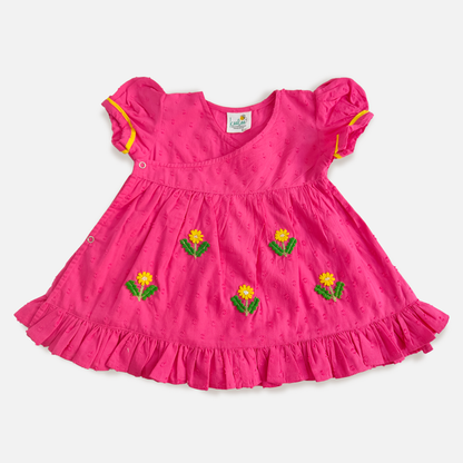 Embroidered Hot Pink Wrap Dress and Accessories Set - Yellow Bloom