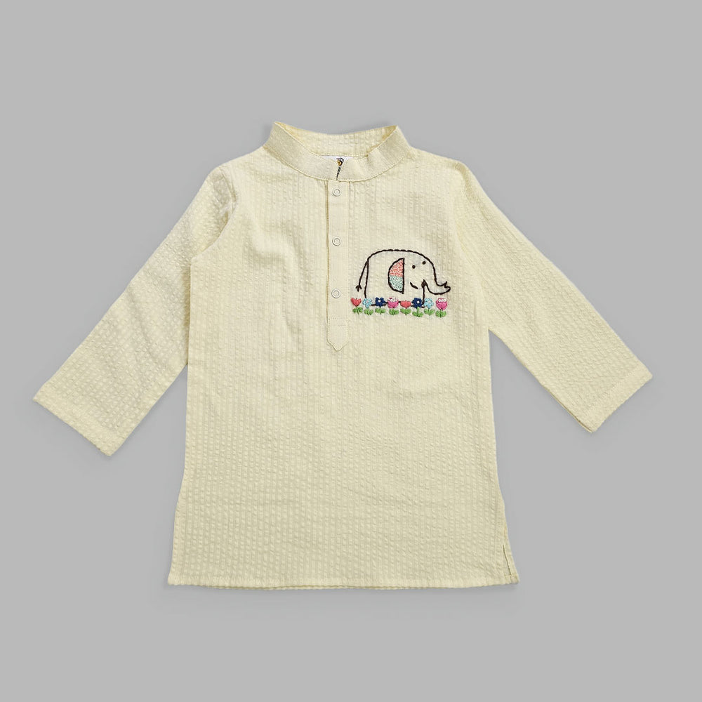 Boys Hand Embroidered Yellow Kurta paired with Pajama Pants - Elephant