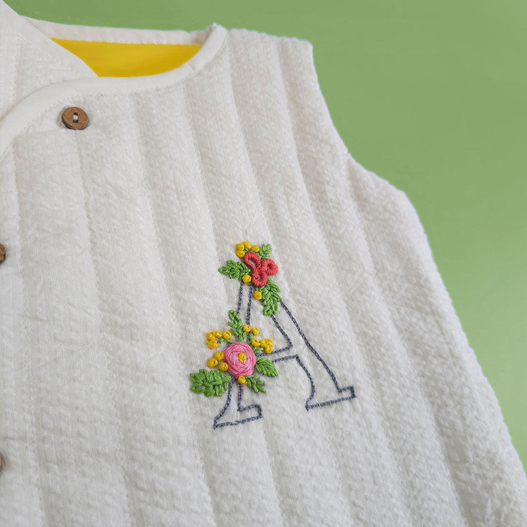 Keebee Organic Cotton Embroidered White Button Up Quilted Vest - Your Baby's Initial