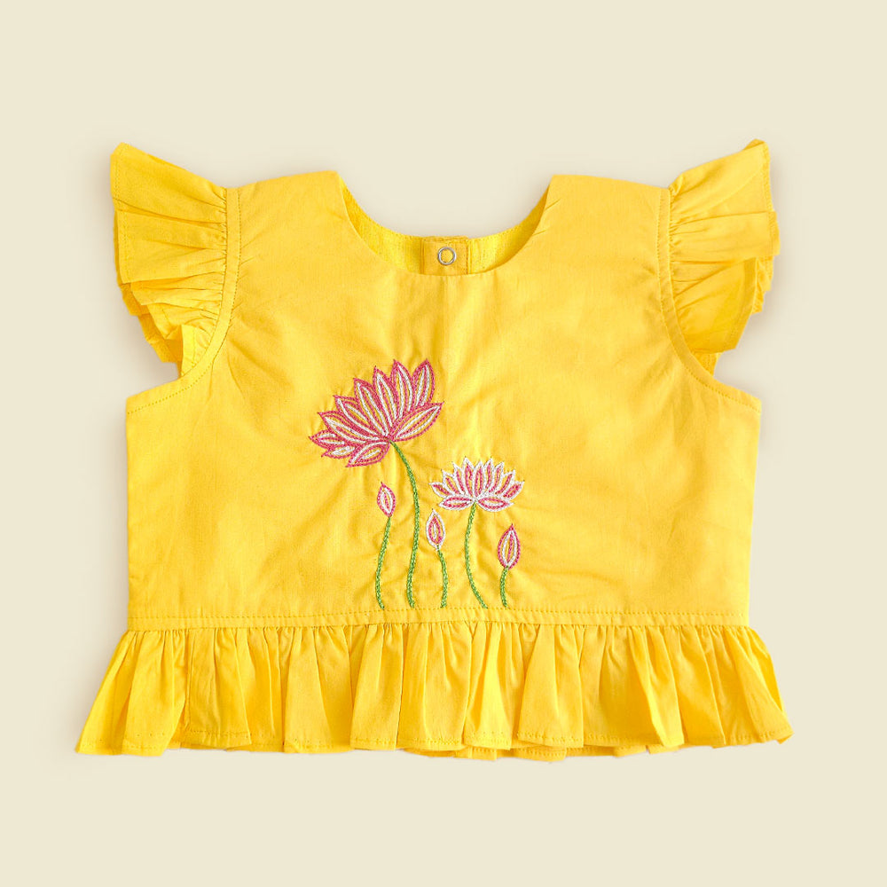 Girls Embroidered Yellow and Hot Pink Choli Lehenga Set - Lotus Pond