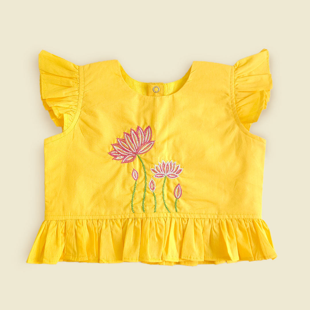 Keebee Organic Cotton Embroidered Embroidered Yellow and Hot Pink Lehenga Set - Lotus