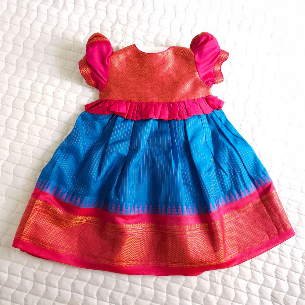 Baby Girl Handloom Raw Silk Ethnic Maxi Dress and Accessories Set - Pink and Blue