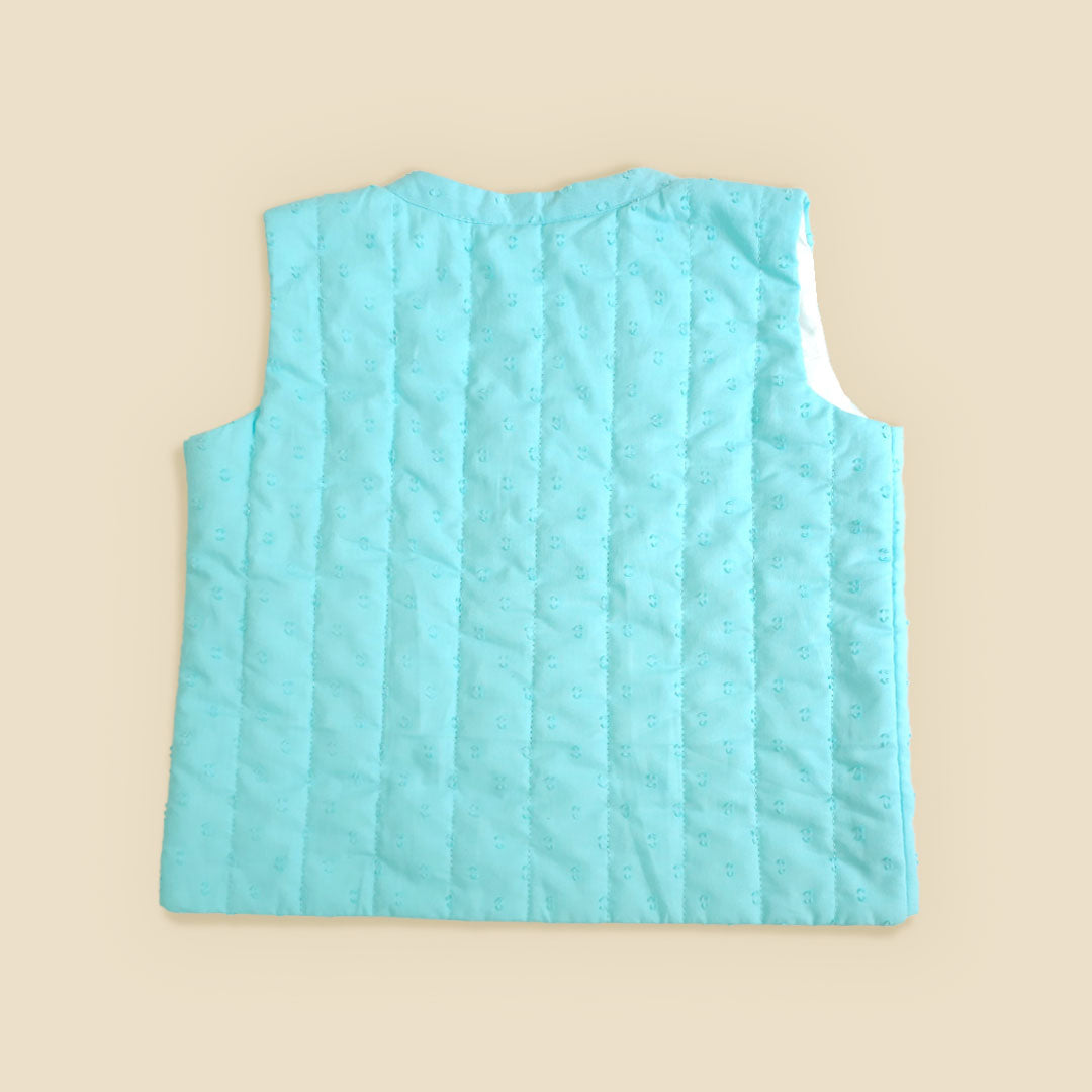 Keebee Organic Cotton Embroidered Turquoise Blue Quilted Vest with Pockets - Frosty Plants