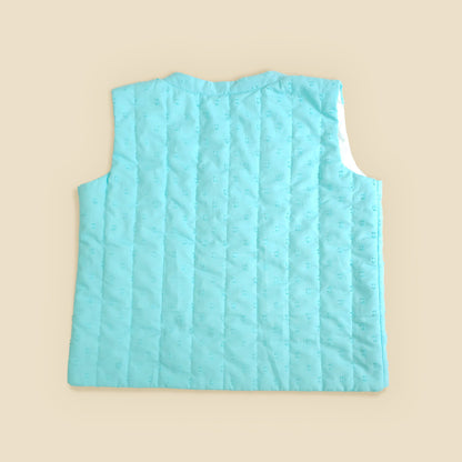Embroidered Turquoise Blue Quilted Vest with Pockets - Frosty Plants
