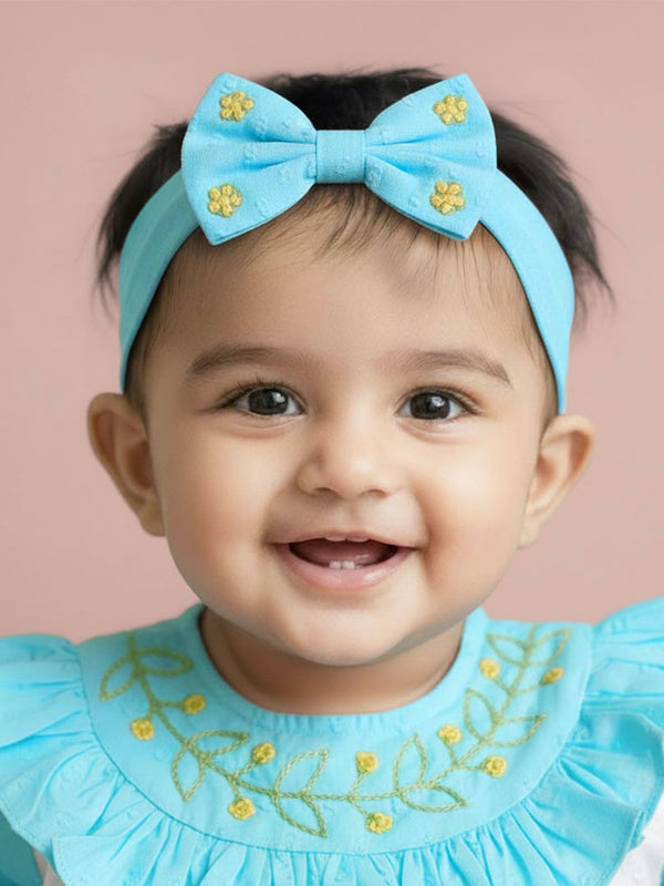 Turquoise Blue Embroidered Classic Bow Girls Headband - Garland of Flowers