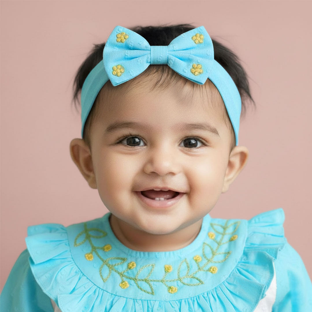 Keebee Organic Cotton Turquoise Blue Embroidered Classic Bow Headband - Garland of Flowers