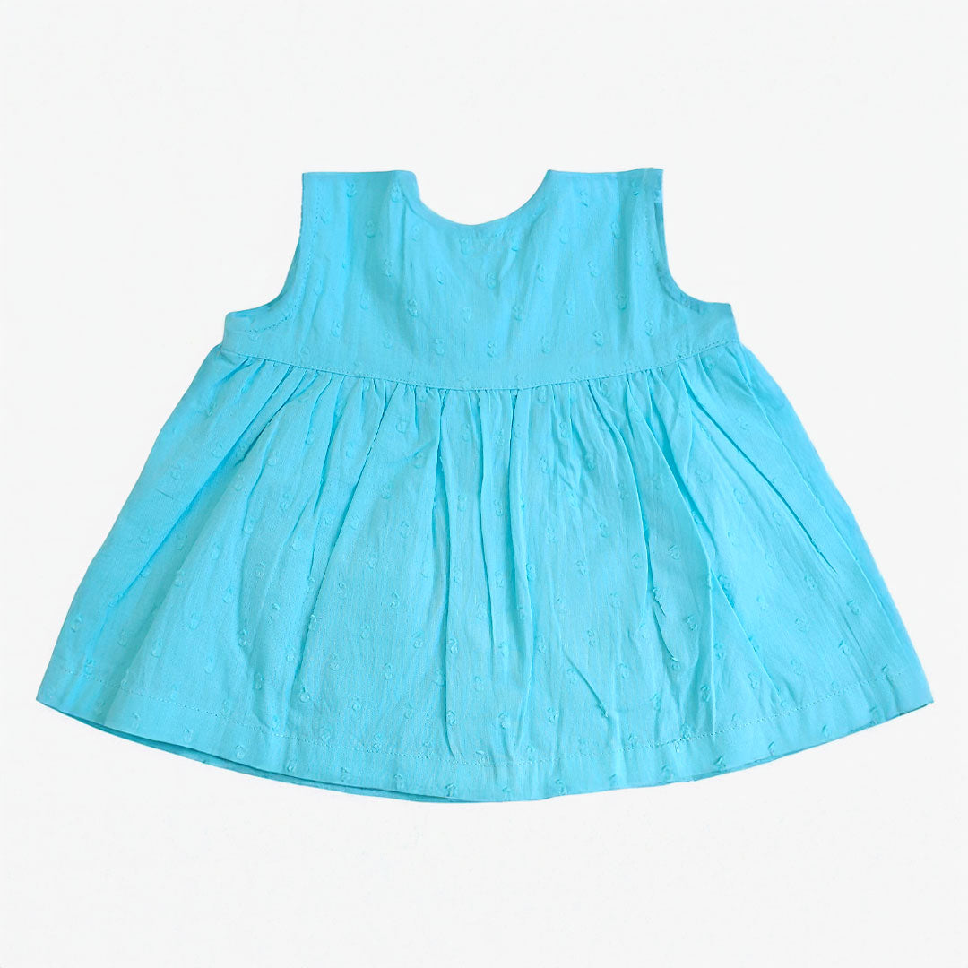 Keebee Organic Cotton Embroidered Newborn Baby Girl Turquoise Blue Button Up Dress - Pockets