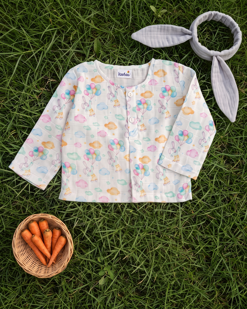Kids Unisex Full Sleeve Lounge Nightsuit Pajama Set - Bunny with Balloons
