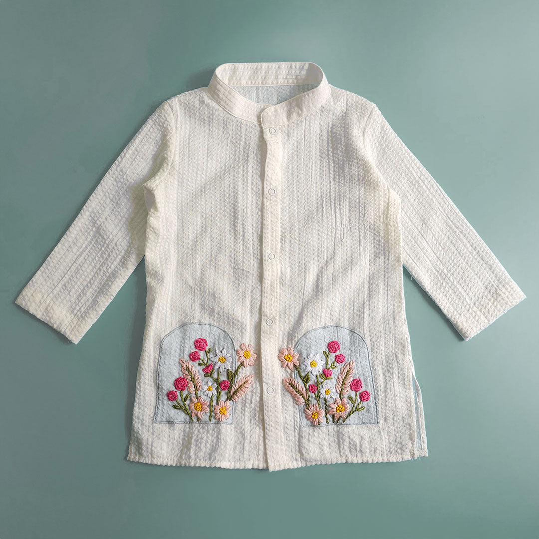 Keebee Organic Cotton Embroidered Light Blue Kurta and White Pajama Pants Set - Bloom in Window