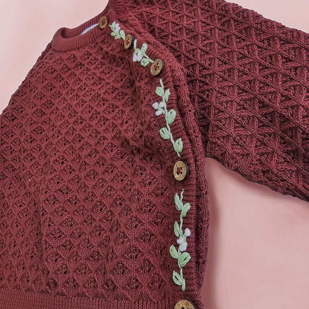 Coffee Brown Hand Embroidered Wrap Style Double Layer Sweater - Floral Hug