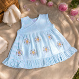 Baby Girl Embroidered Light Blue and White Wrap Dress - Flower Bloom