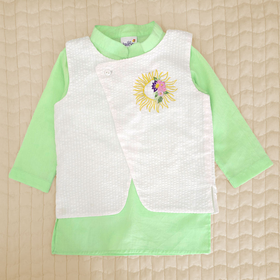Keebee Organic Cotton Sun Embroidered Jacket Kurta and White Pajama Pants Set - Mint Green