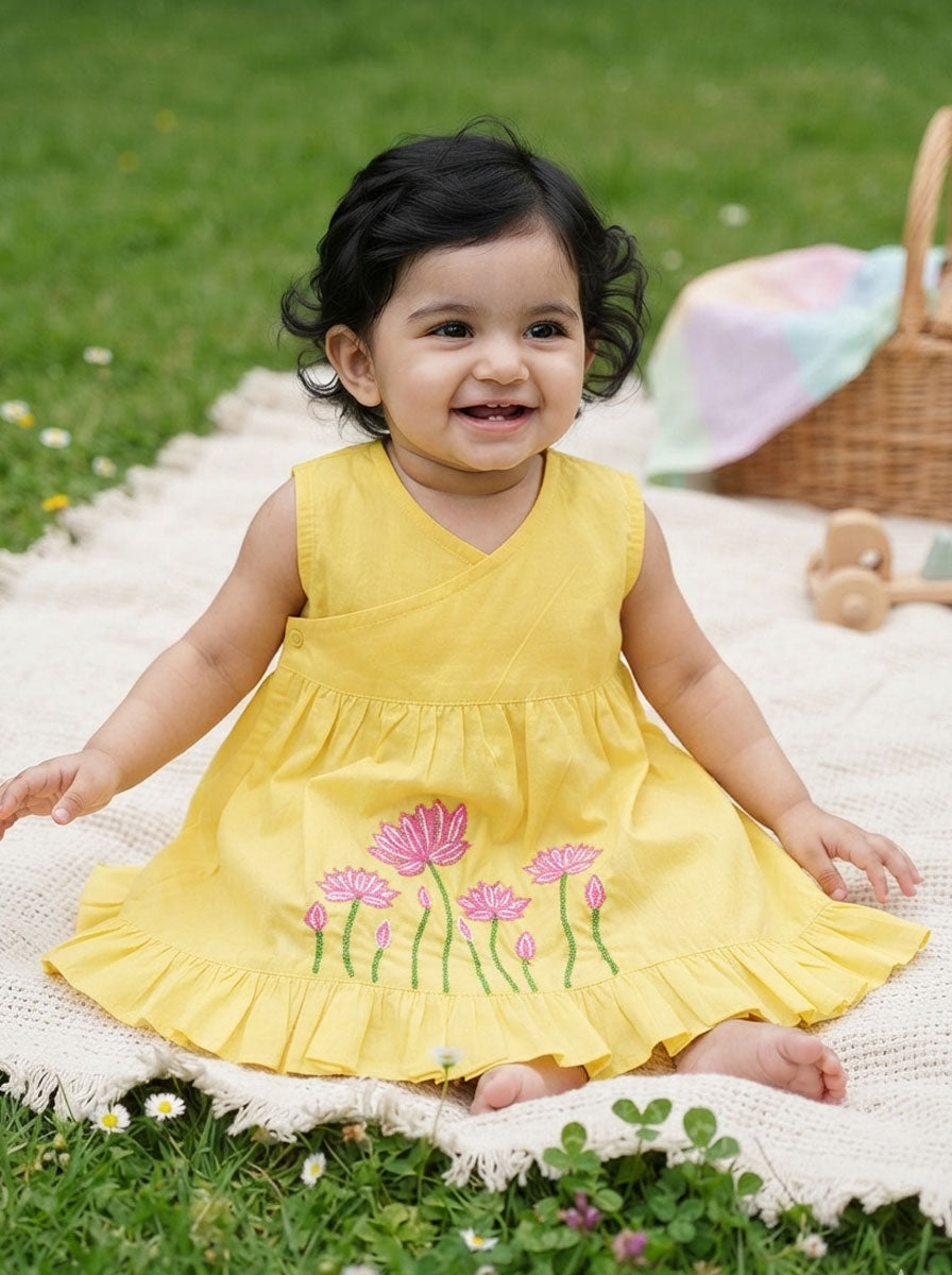 Baby Girl Embroidered Yellow Wrap Dress - Lotus Pond