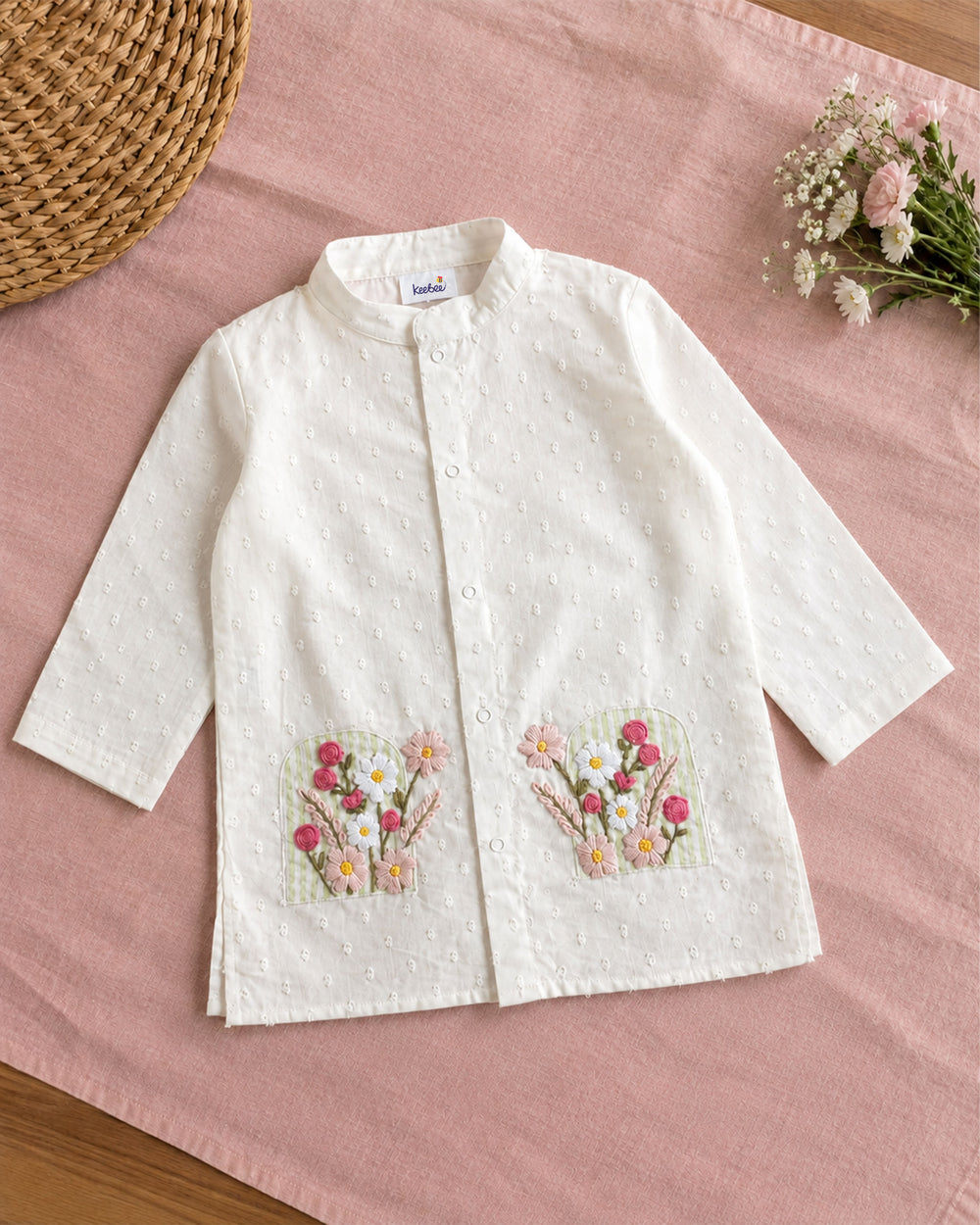 Boys White and Green Embroidered Kurta and Pajama Pants Set - Bloom in Window