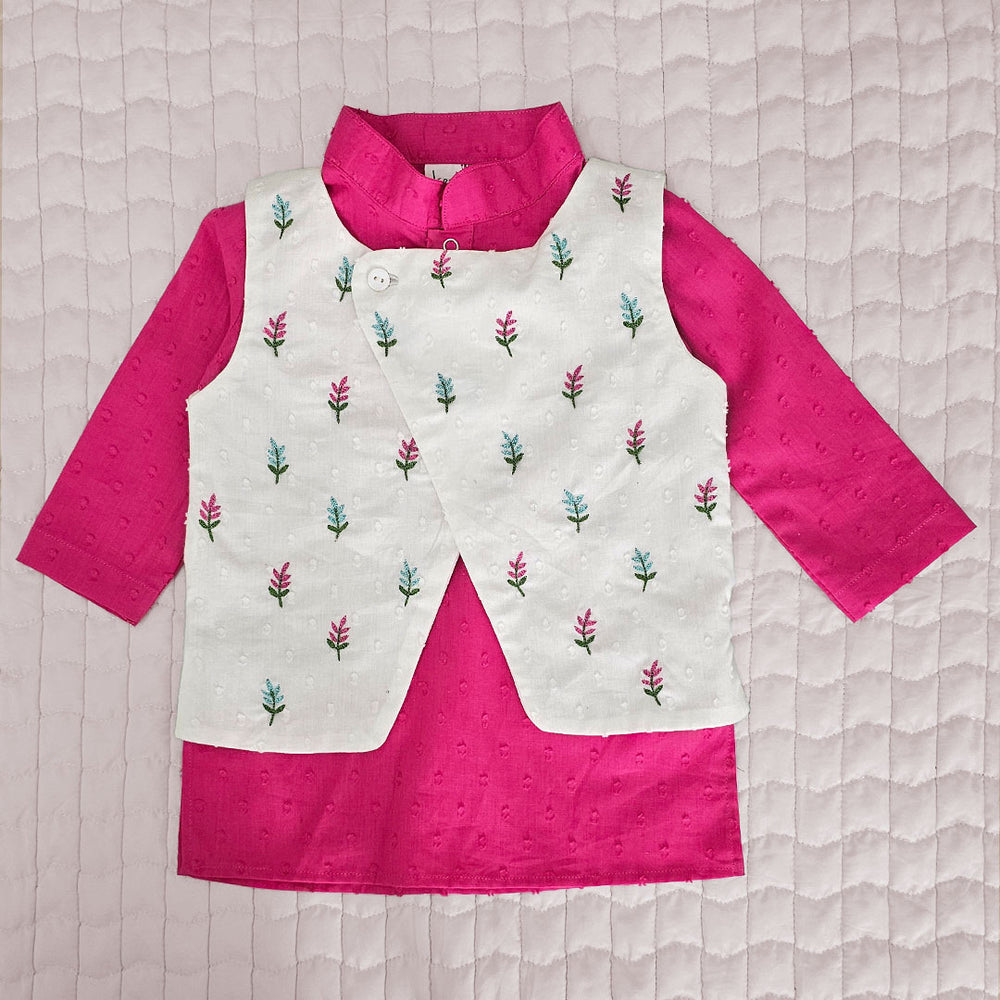Boys Floral Embroidered Jacket Kurta and White Pajama Pants Set - Hot Pink