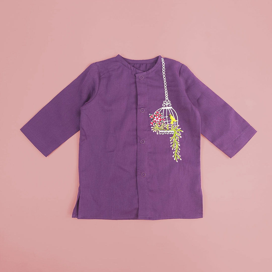 Keebee Organic Cotton Newborn Boys Purple Kurta Set - Birdcage Garden