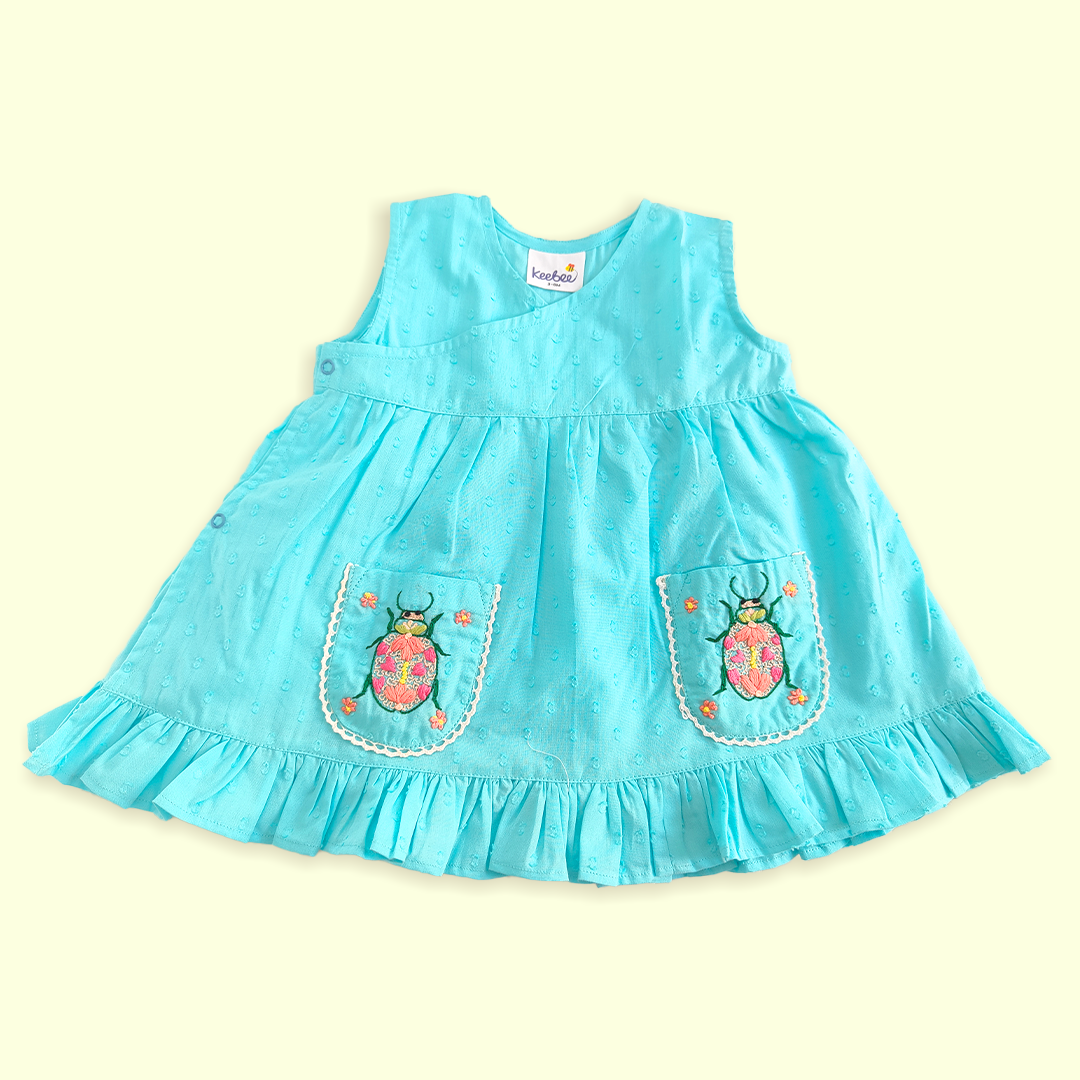 Keebee Organic Cotton Baby Girl Embroidered Turquoise Blue Wrap Dress and Accessories Set - Bug In My Pocket