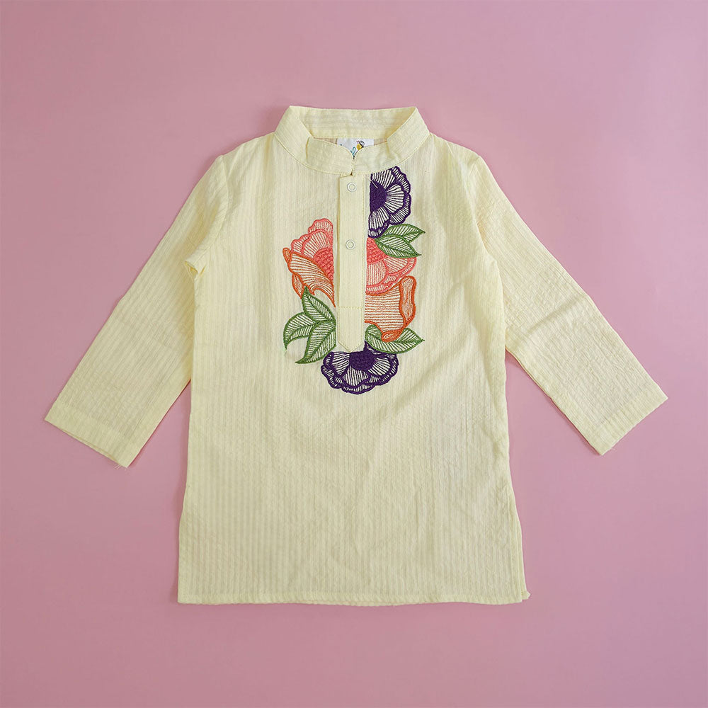 Keebee Organic Cotton Embroidered Yellow Kurta paired with Pajama Pants - Floral Bloom