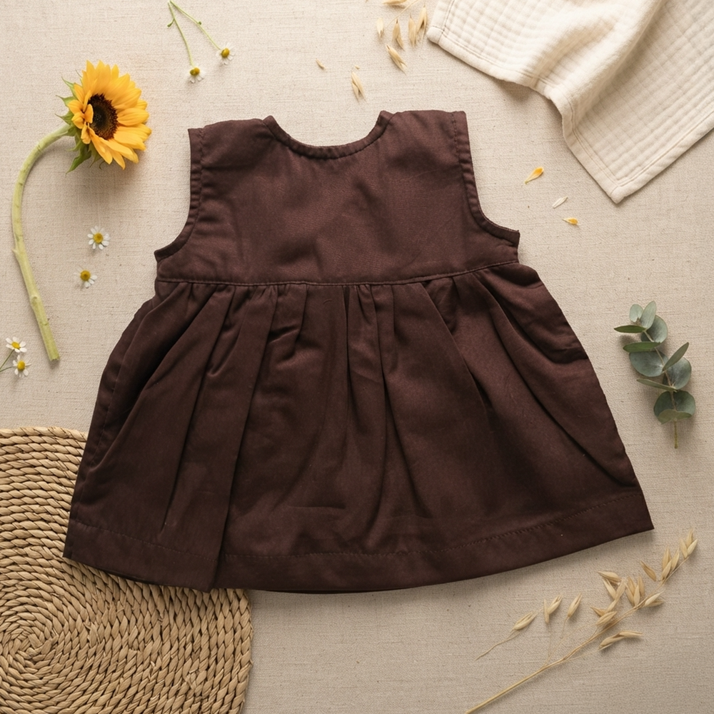 Newborn Baby Girl Embroidered Choco Brown Overlap Dress - Sunflower