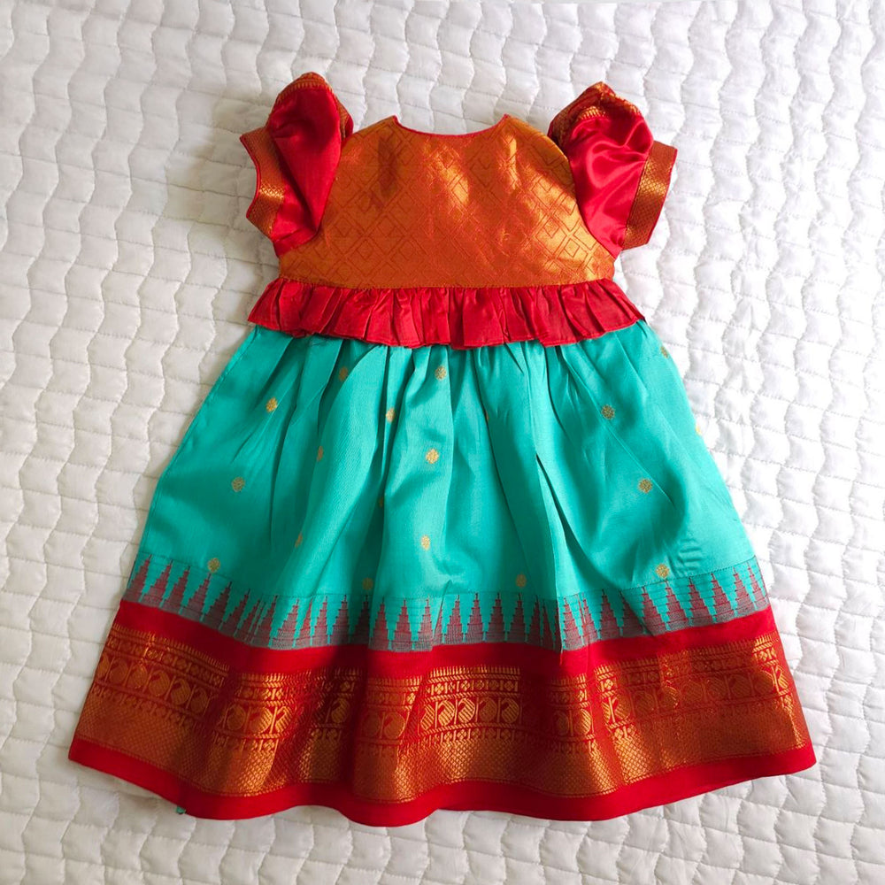 Baby Girl Handloom Raw Silk Ethnic Maxi Dress and Accessories Set - Red and Green