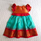 Baby Girl Handloom Raw Silk Ethnic Maxi Dress and Accessories Set - Red and Green