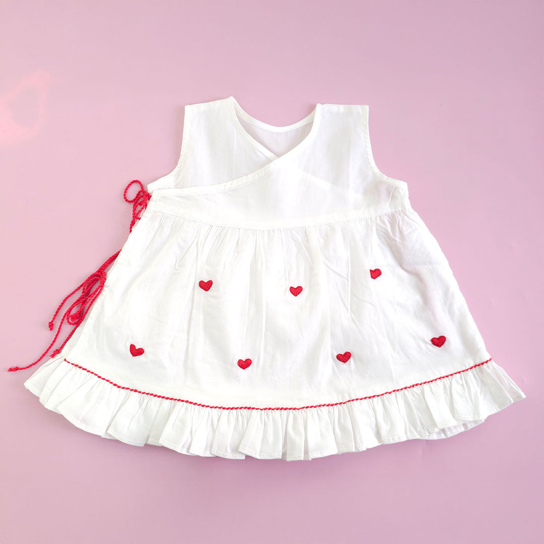 Keebee Organic Cotton Baby Girl Embroidered White Dress and Accessories Set - Red Heart
