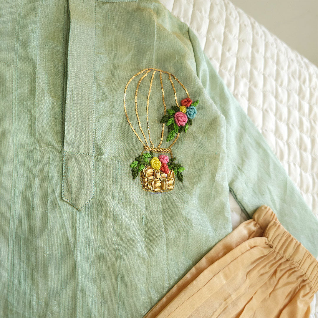 Keebee Pure Silk Embroidered Pastel Green Kurta and Beige Pajama Pants Set - Hot Air Balloon