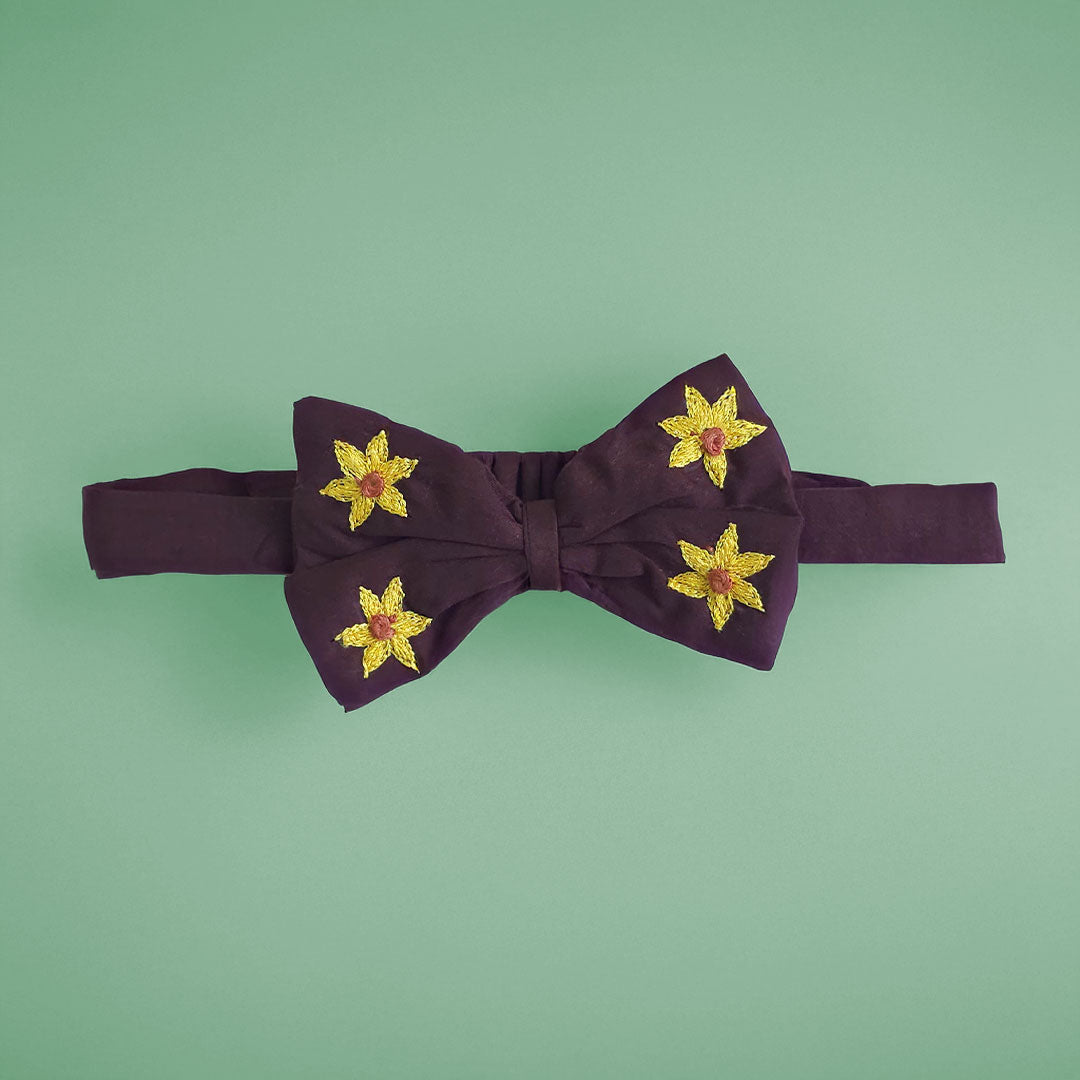 Keebee Organic Cotton Baby Girl Embroidered Choco Brown Overlap Dress and Accessories Set - Sunflower Garden