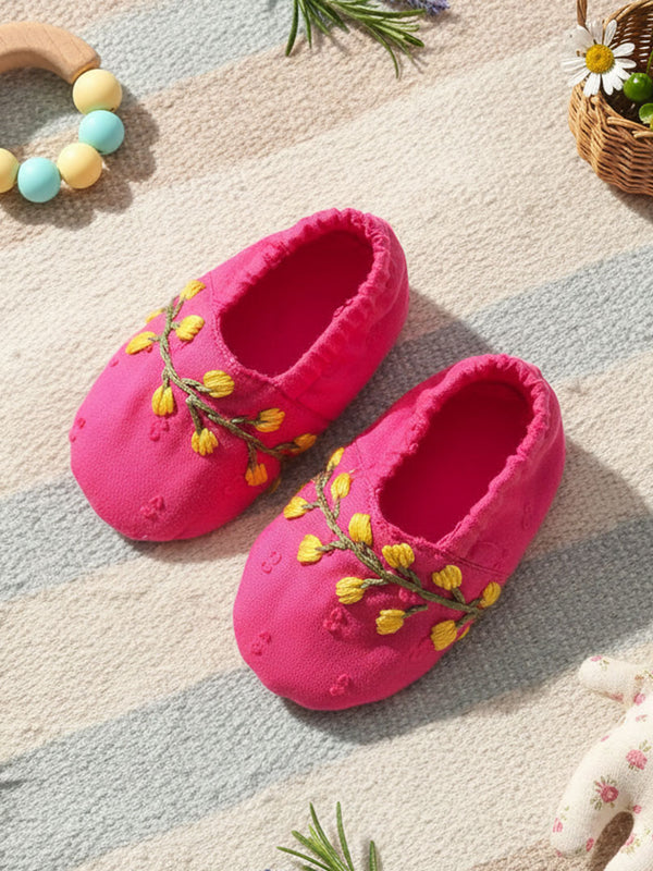 Hot Pink Embroidered Baby Shoes - Yellow Flowers