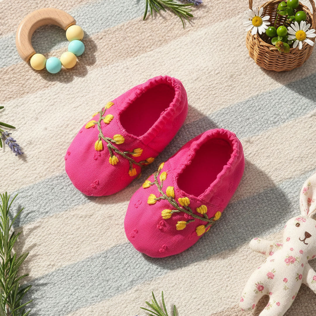 Keebee Organic Cotton Hot Pink Embroidered Baby Shoes - Yellow Flowers