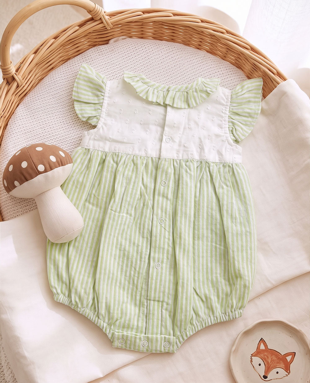Baby Girl Embroidered Green and White Romper with Flutter Sleeves - Mushrooms