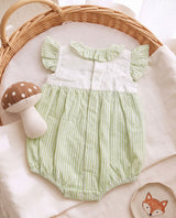 Baby Girl Embroidered Green and White Romper with Flutter Sleeves - Mushrooms