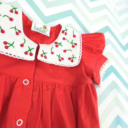 Puff Sleeve Laced Romper - Red Cherry