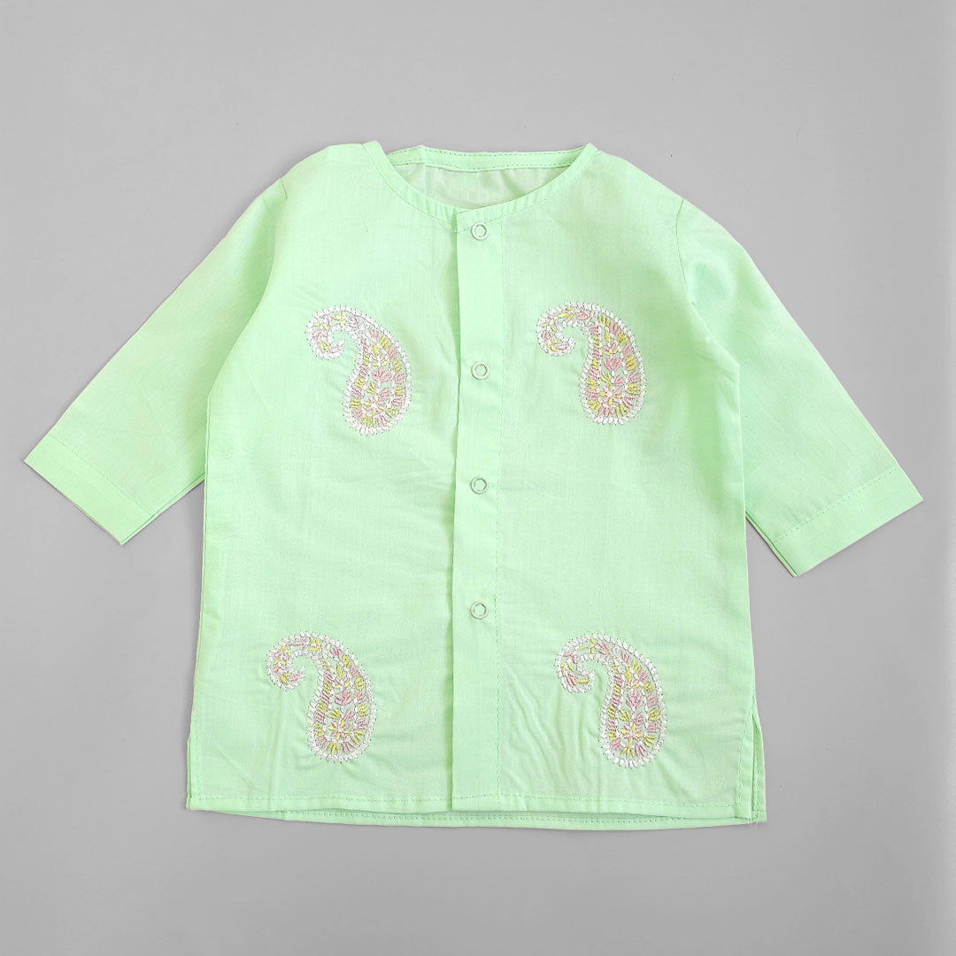 Keebee Organic Cotton Embroidered Mint Green Newborn Kurta & Diaper Pant Set – Paisley